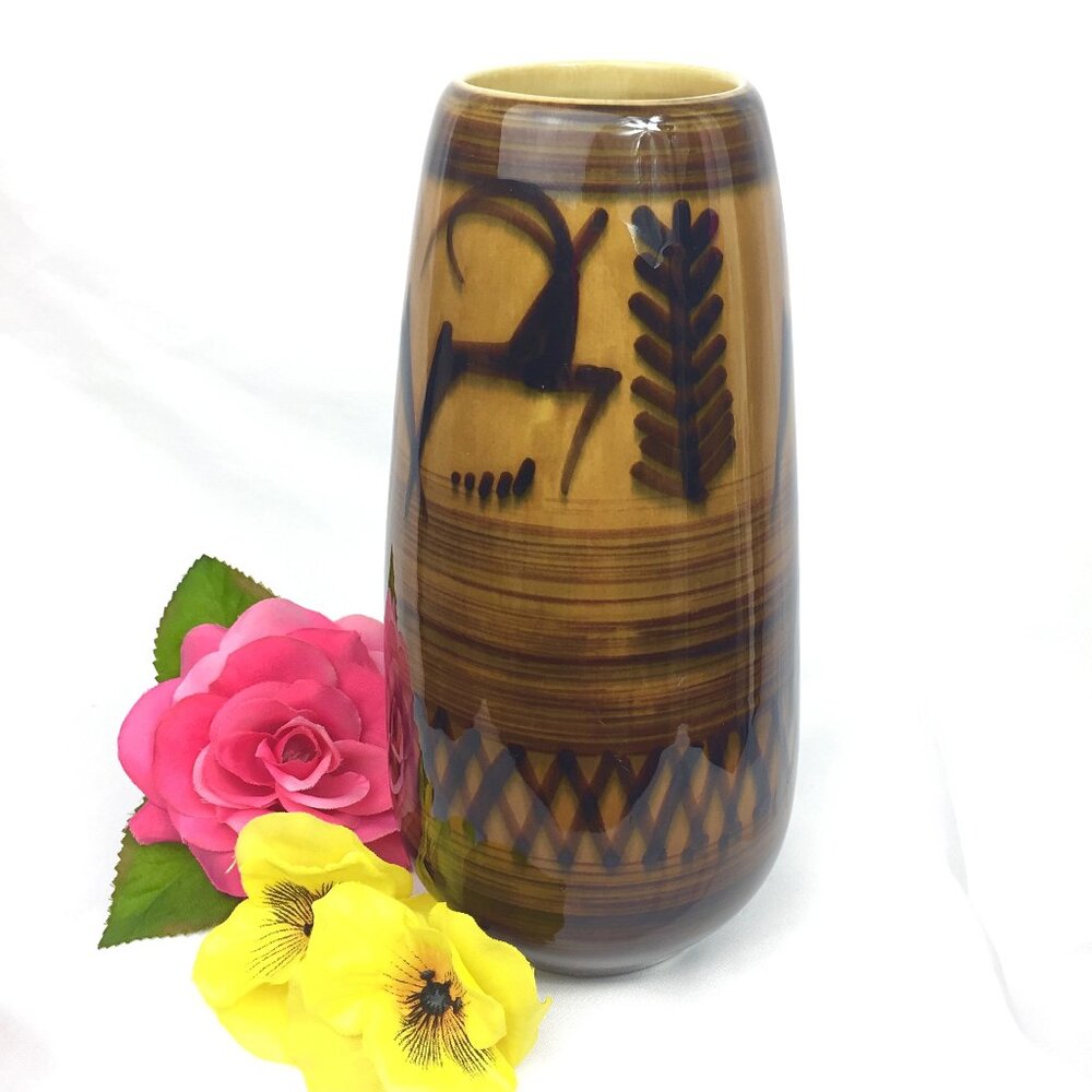 Vintage MCM Lapid Pottery Glazed Ceramic Vase Deer Gazelle Motif RARE